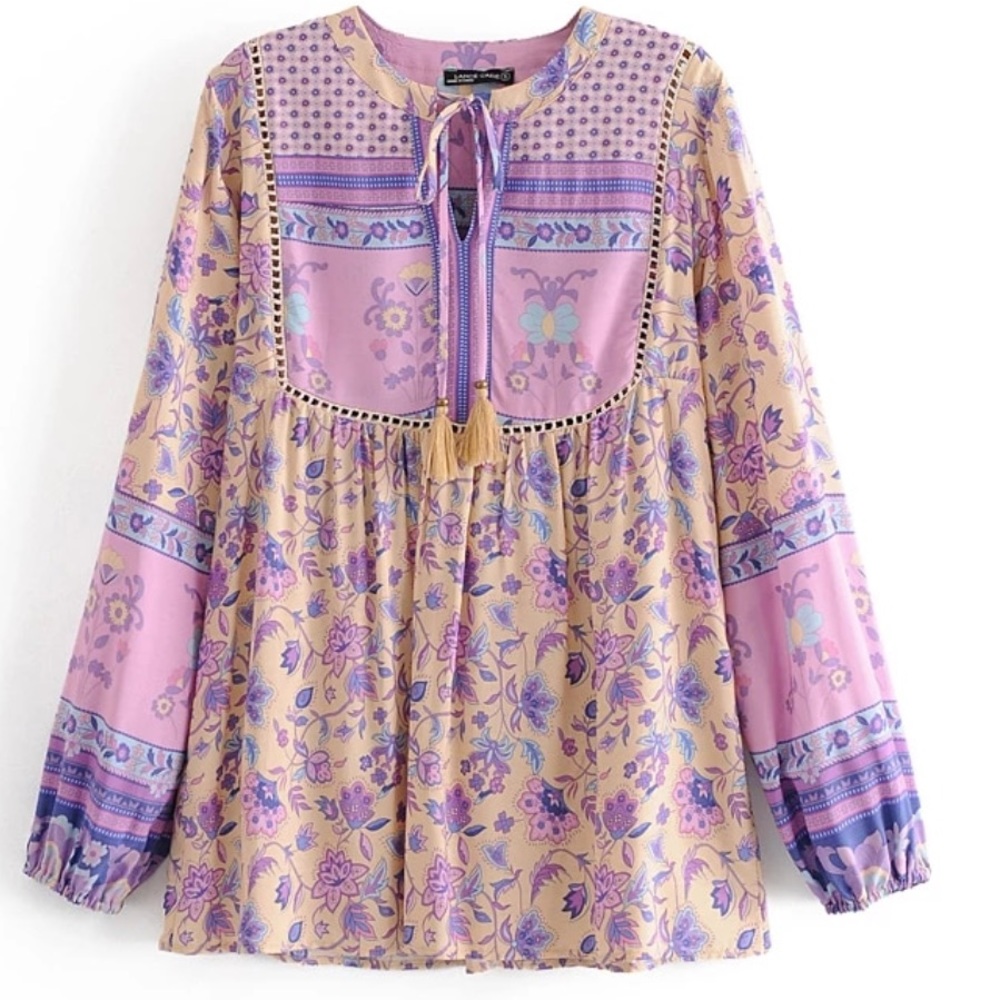 Boho Gypsy Portobello Road Peasant Floral Blouse M lavender hippie bohemian top